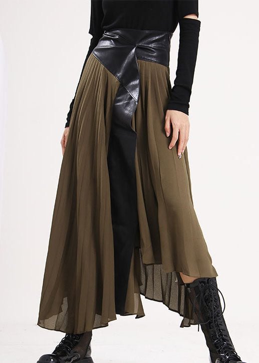 Plus Size army Green Asymmetrical Faux Leather Patchwork Chiffon Skirts Spring CK2901- Fabulory