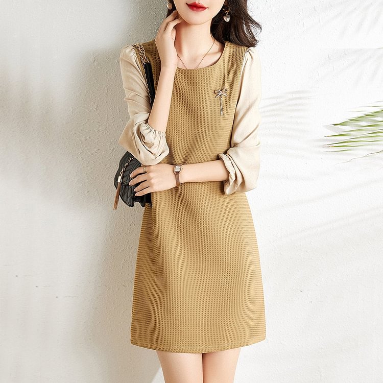 Khaki Casual Long Sleeve Paneled Dresses