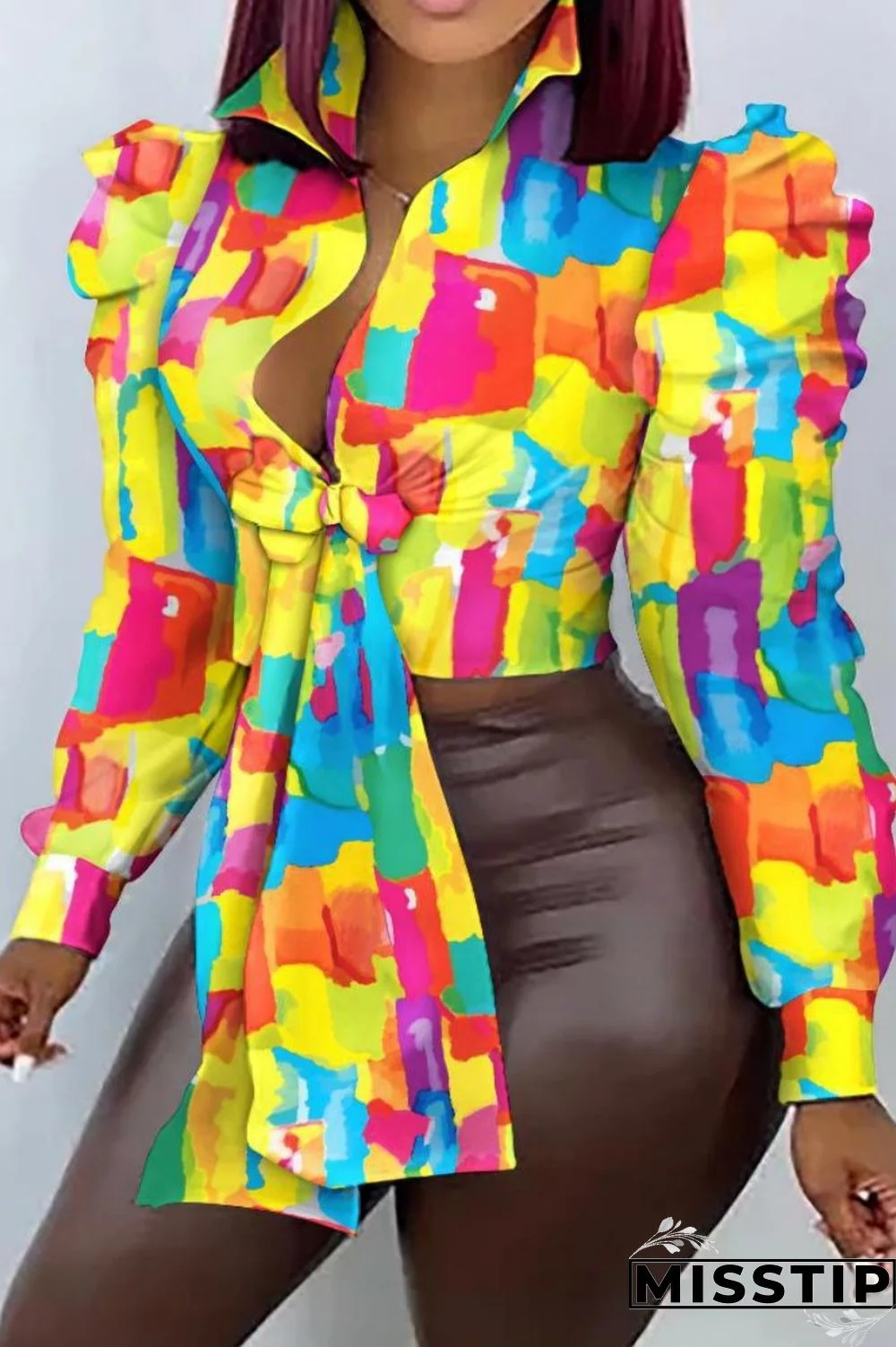 Yellow Casual Print Patchwork Shirt Collar Tops