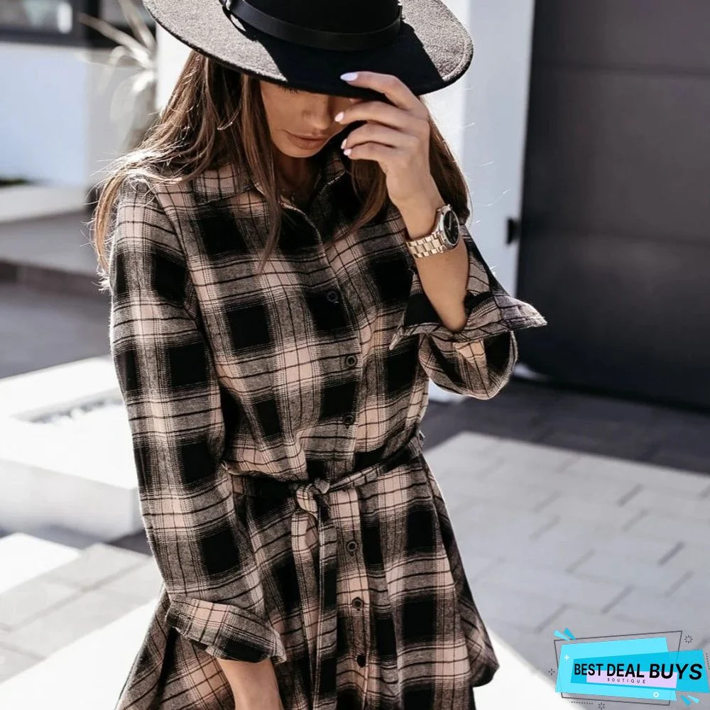 Autumn and Winter Fashion Sexy Printed Shirt Plaid Dress Skirt