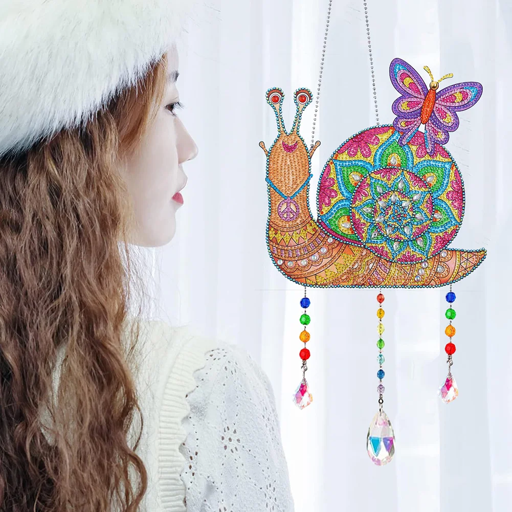 DIY Snail Wind Chimes Wreath Diamond Crystal Painting Ornament for Home Wall Decor