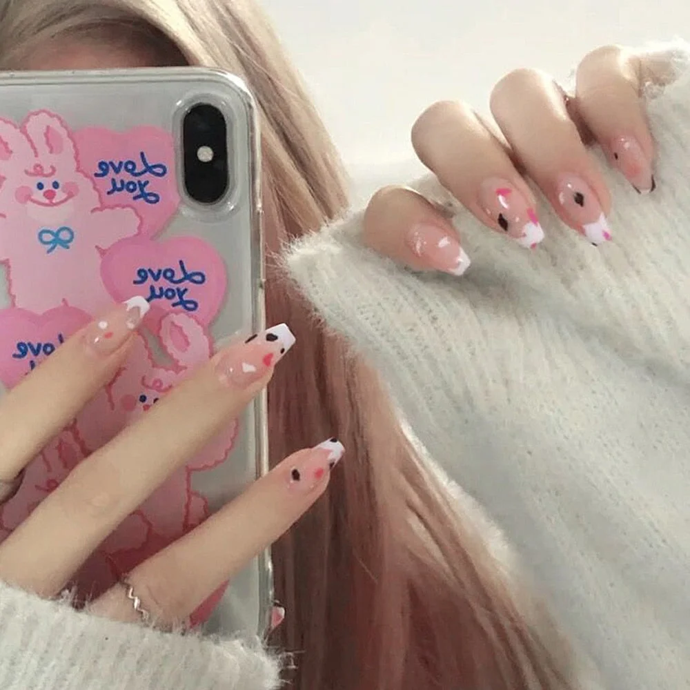 24pcs Detachable False Nails French with Black Line Fake Nails Full Cover Nail Art Tips Press on Nails with Glue Manicure Tools 515-Nail Inspo