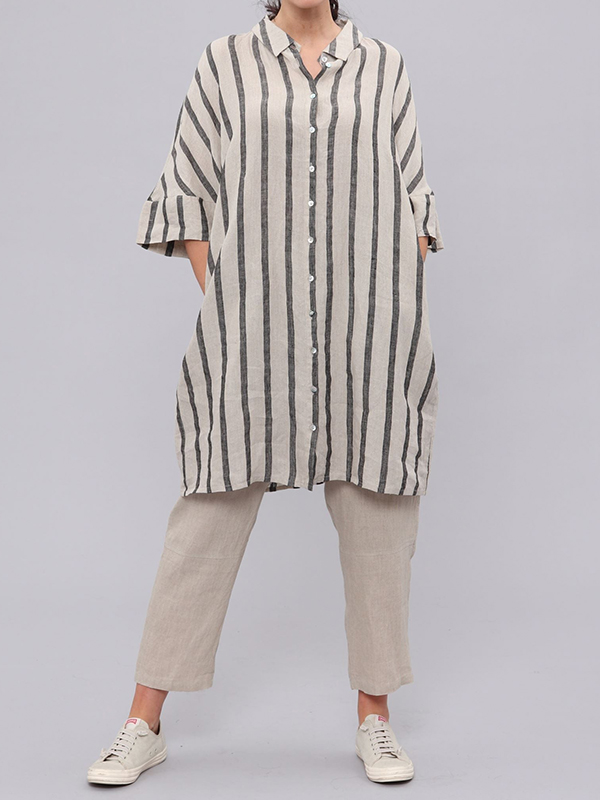 Half Sleeve Lapel Single Breasted Striped Shirt