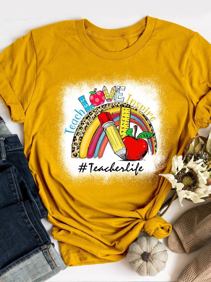 Teacher Love Inspire Rainbow Print Short Sleeve T-shirt