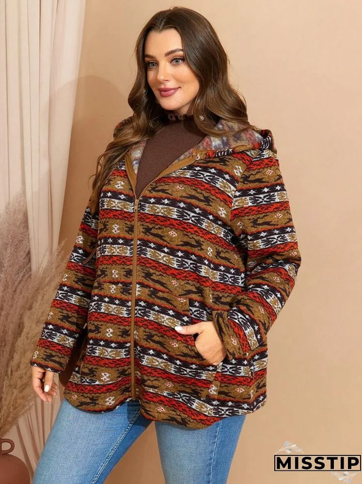 Plus Size Women Vintage Style Printed Hooded Long Sleeve Jacket