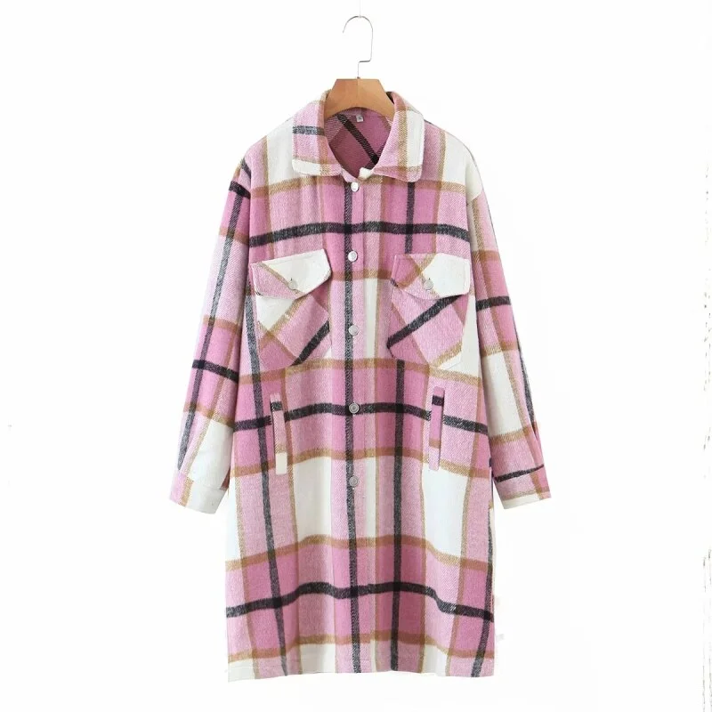 Stylish Women Khaki Plaid Long Woolen Jacket Female Fashion Turn-down Collar Coat Girls Chic Outerwear