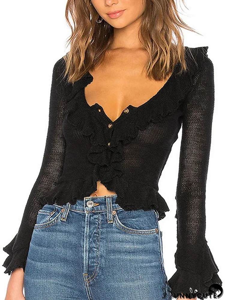 Solid V Neck Ruffle Long Sleeve Knit