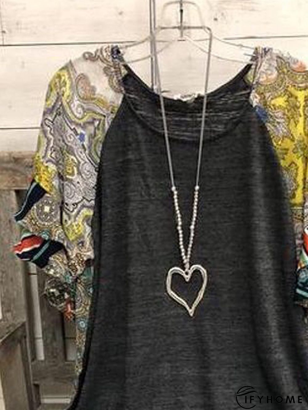 Paisley Short Sleeve Printed Cotton-blend Crew Neck Vintage Summer Deep Gray Top | IFYHOME