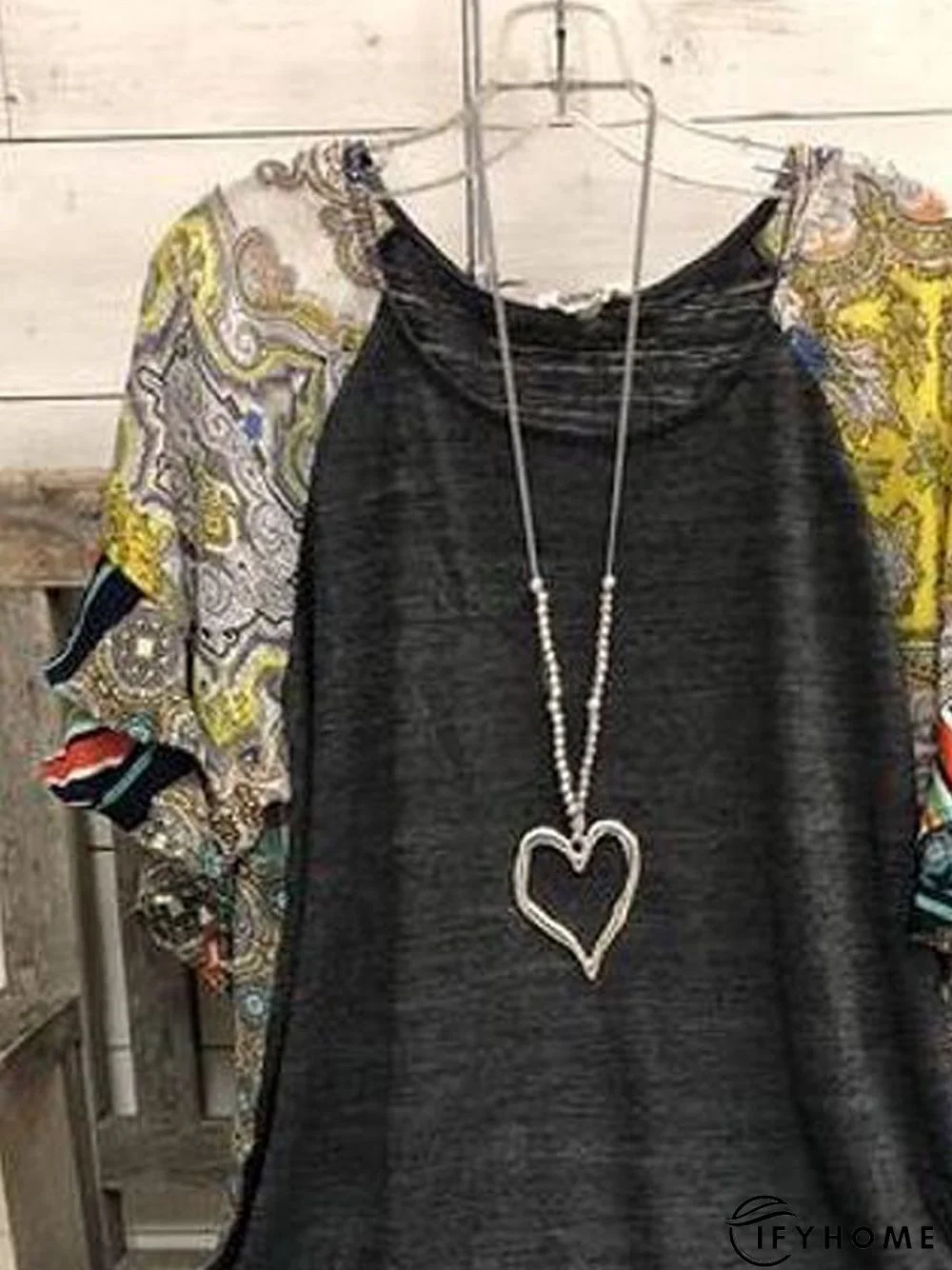 Paisley Short Sleeve Printed Cotton-blend Crew Neck Vintage Summer Deep Gray Top | IFYHOME