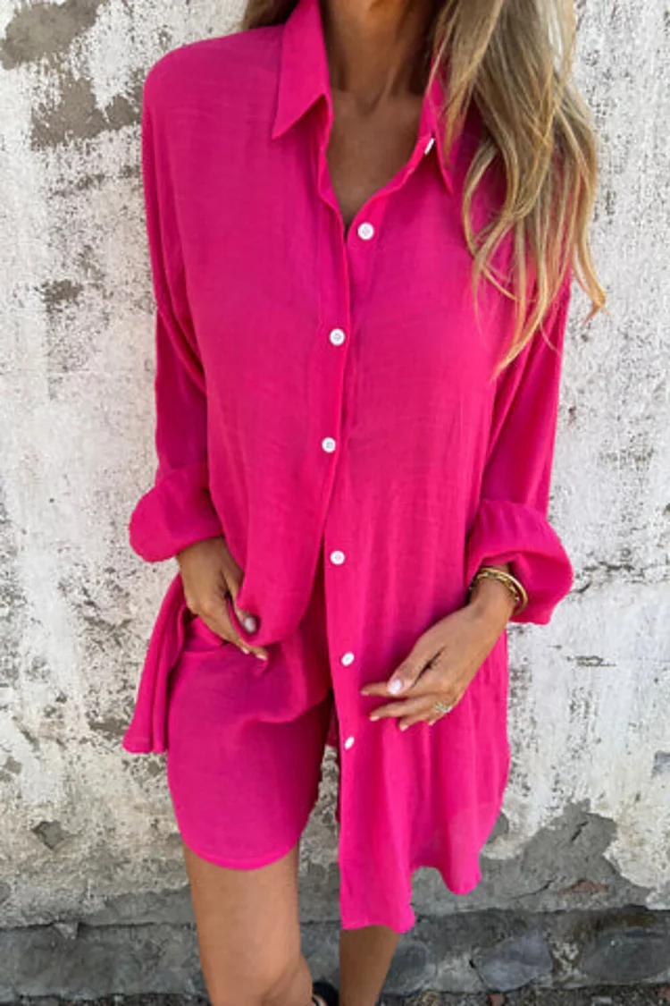 Solid Color Long Sleeve Button Up Blouse Casual Shorts 2pcs Set-Fuchsia