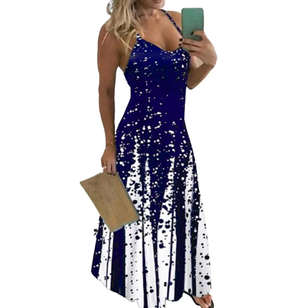 2023  V-neck Spaghetti Straps Large Hem Maxi Dress Dot Print Waist Tight Long Dress Summer Women's Sling Dresses Streetwear