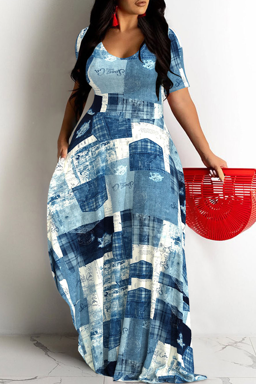 Plus Size Blue Casual Denim Print U Neck Short Sleeve Maxi Dresses [Pre-Order]