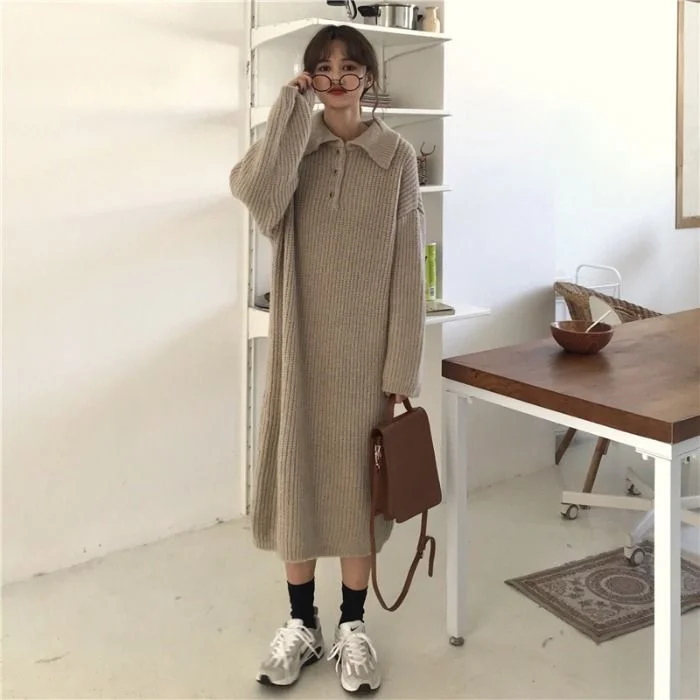 Long-Sleeve Knit Midi Collared Dress YP632