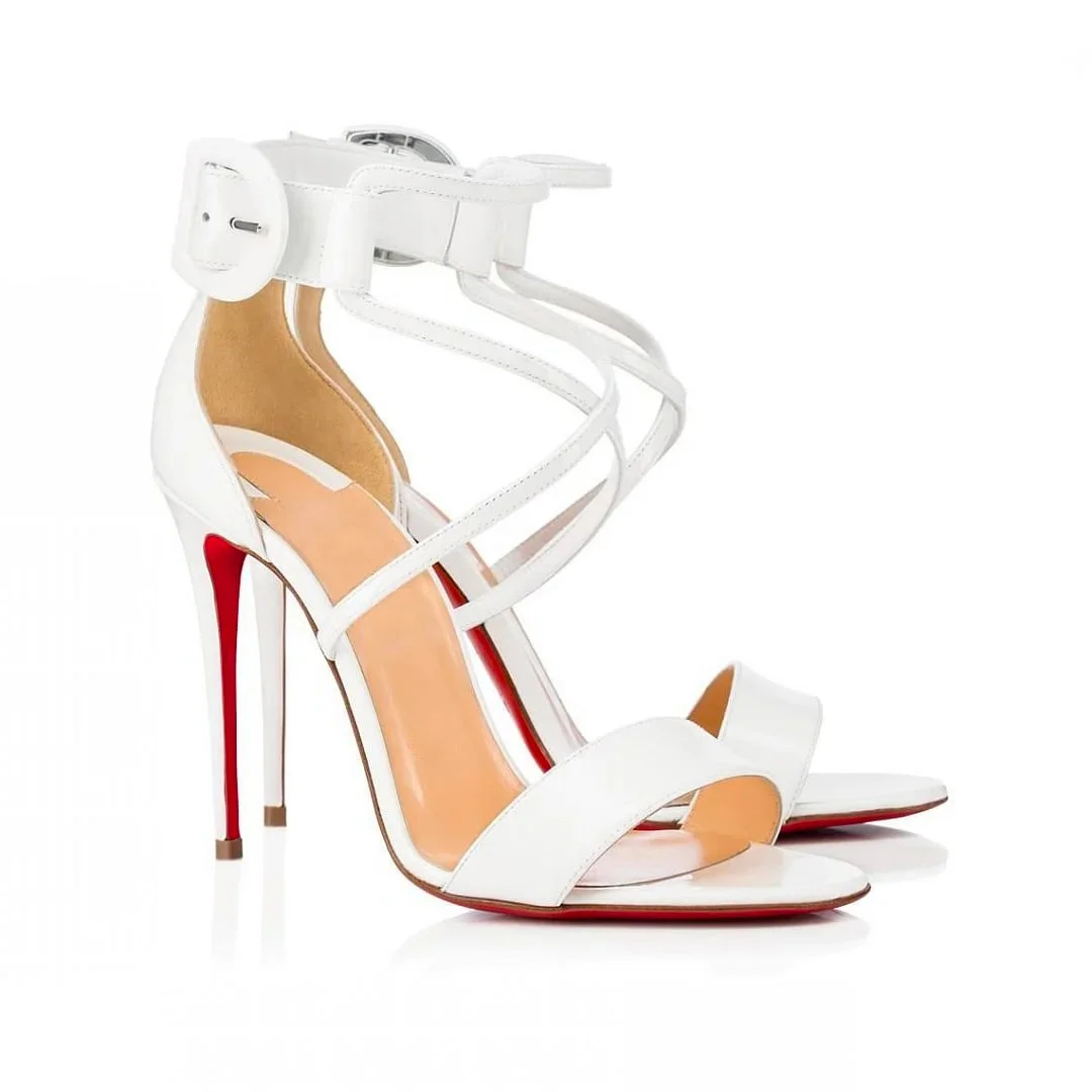 100mm Women's Red Bottom Open Toe Sandals Ankle Strap High Heel Patent Summer Party Wedding Shoes-MERUMOTE