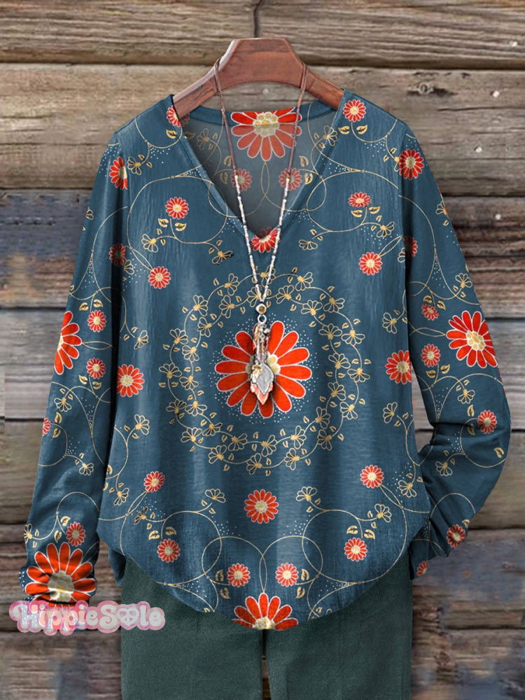 Women’s Vintage Floral Art Print 100% Cotton Casual V-Neck Long Sleeve Shirt Multicolor / S
