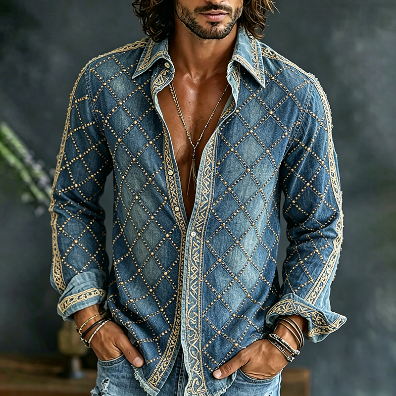Men's Spring Summer Demin Design Print Art Flowy Linen Blend Shirt  artssus