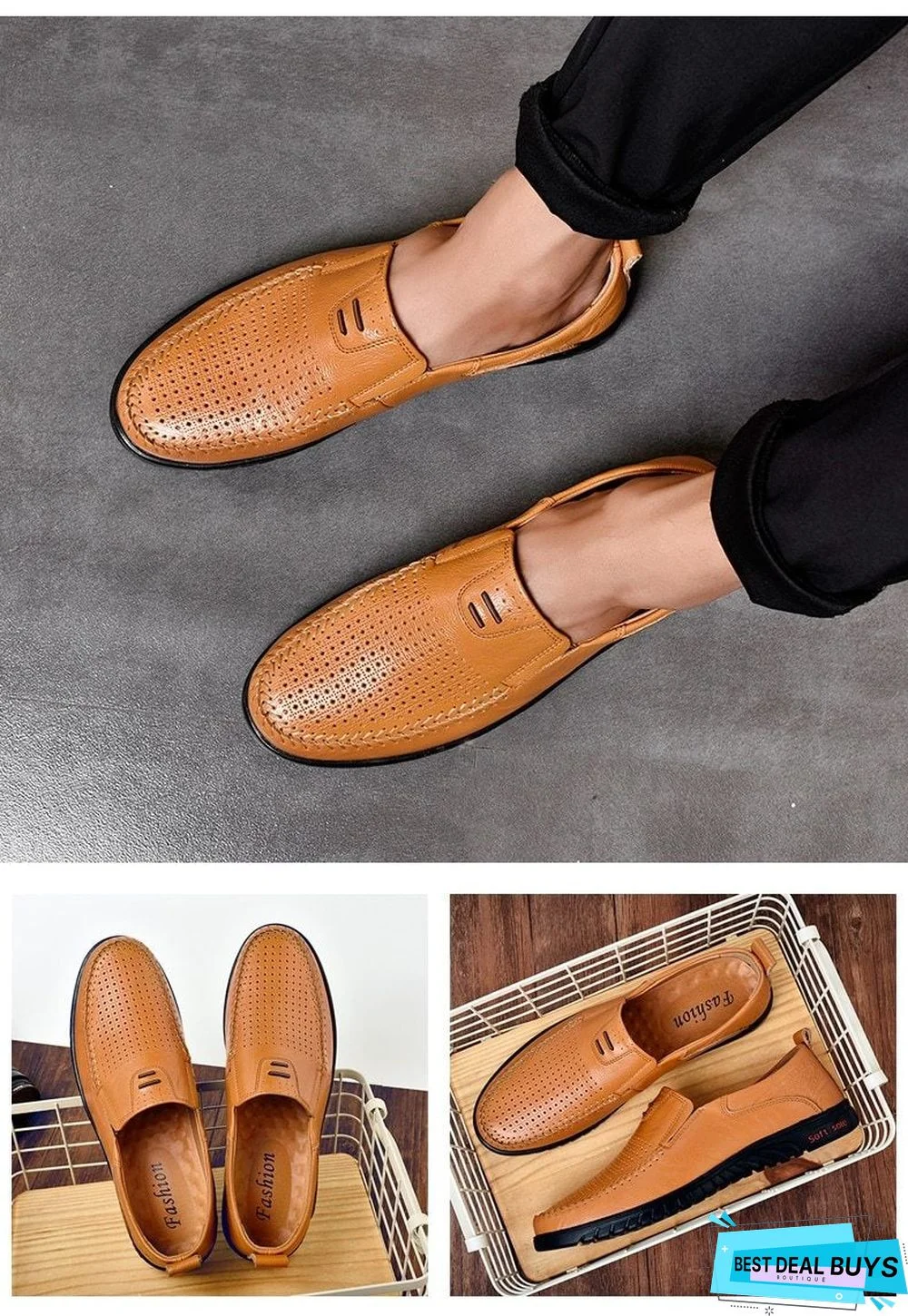 New Openwork Men Black Loafer Perforated Shoes Leather Flats Driving Shoes Business Men's Shoes
