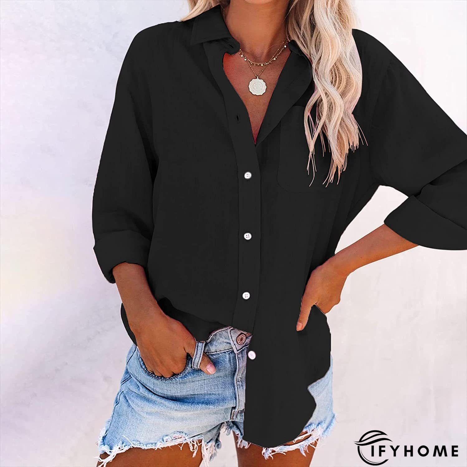 Women's Daily Long Sleeve Shirt Collar Plain Casual Top | IFYHOME