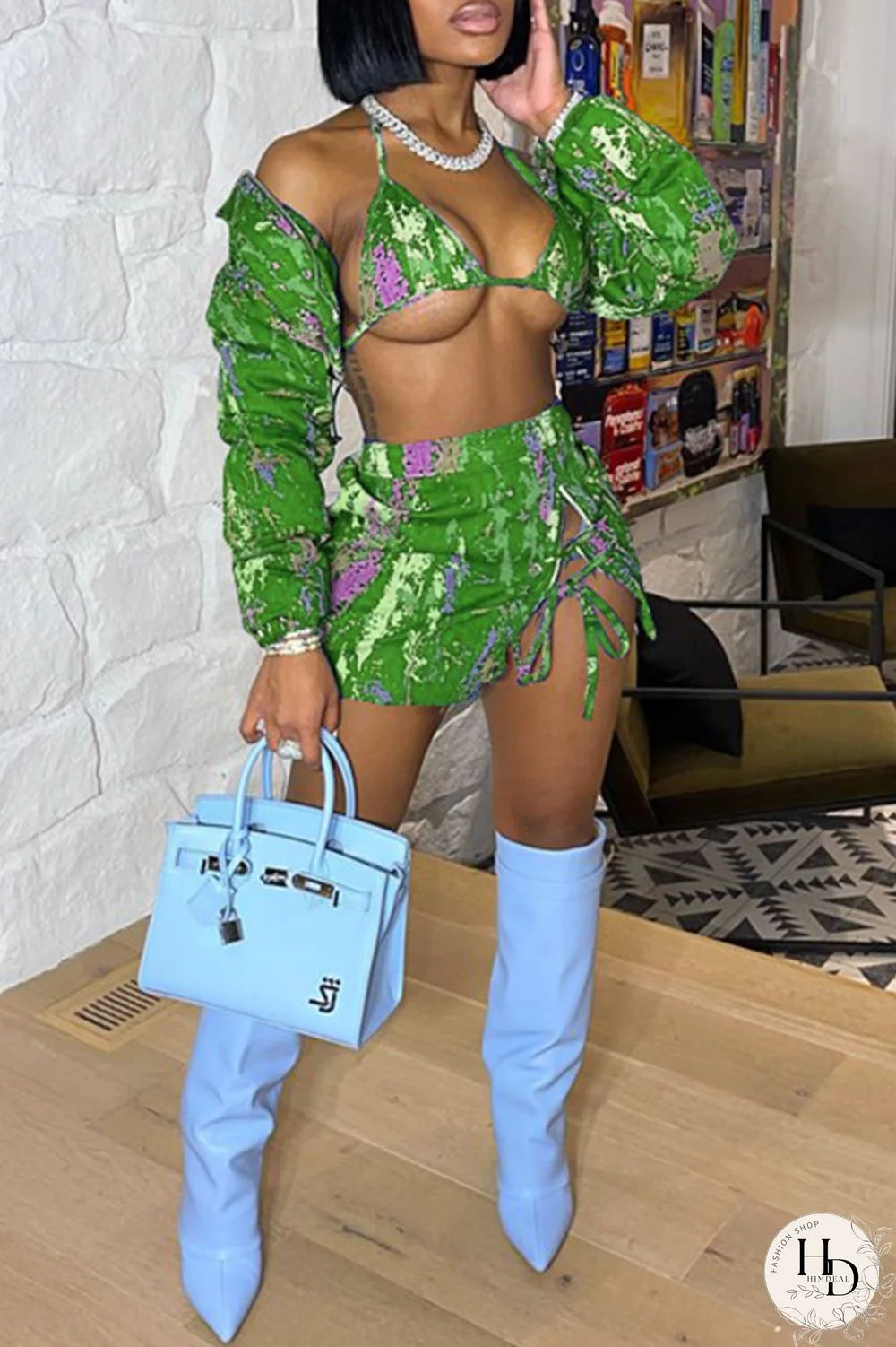 Purple Fashion Sexy Print Strap Design Long Sleeve Three-piece Set