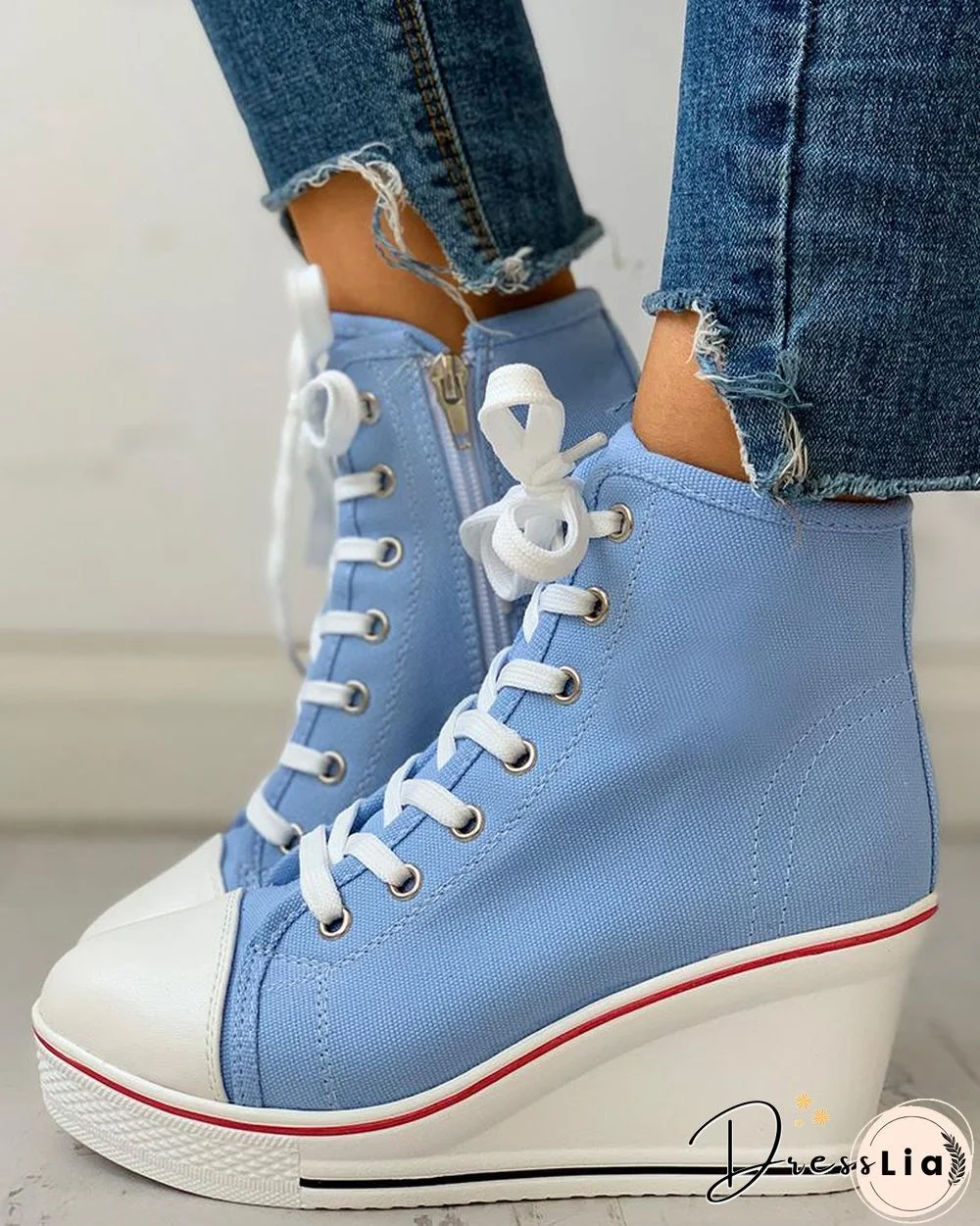 Eyelet Lace-Up Platform Wedge Sneakers