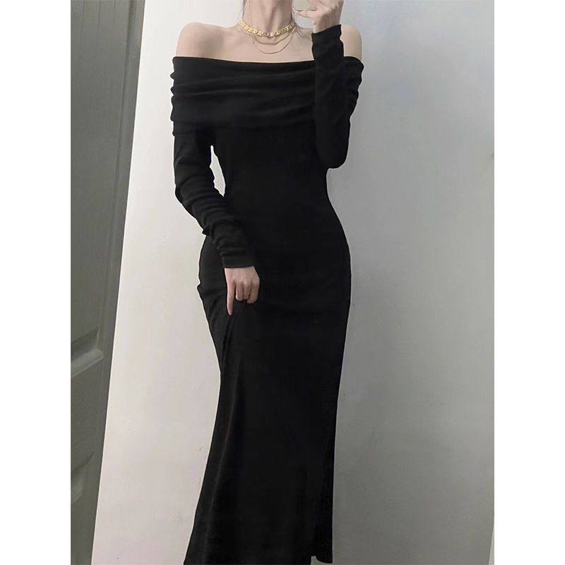 Aiertu long sweater dress outfit off-Shoulder Elegant Long Sleeve Dress Women's Autumn and Winter Fashion Slim Fit Slimming Inner French Dress Women aiertu