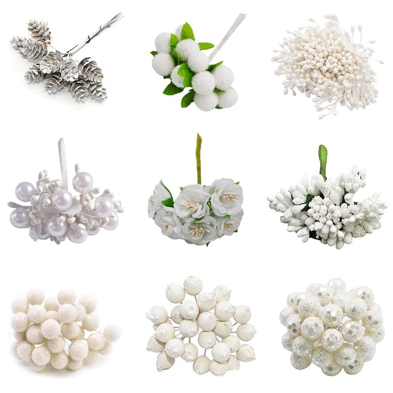 White Theme Artificial Flower Cherry Stamen Berries Bundle DIY Christmas Decoration Wedding Cake Gift Box Wreaths Xmas Decor
