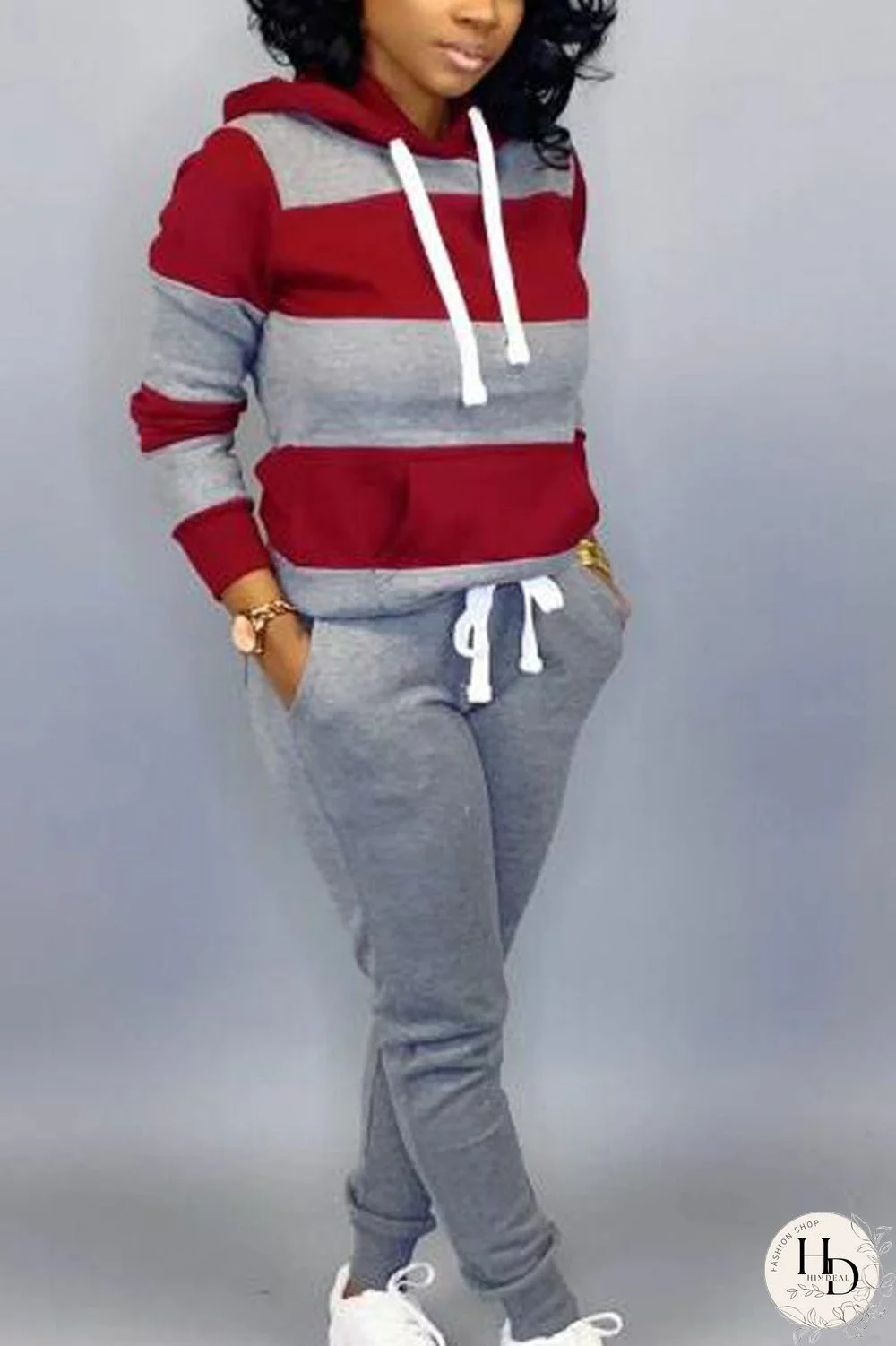 rose red Casual Solid Split Joint Hooded Collar Long Sleeve Regular Sleeve Regular Two Pieces