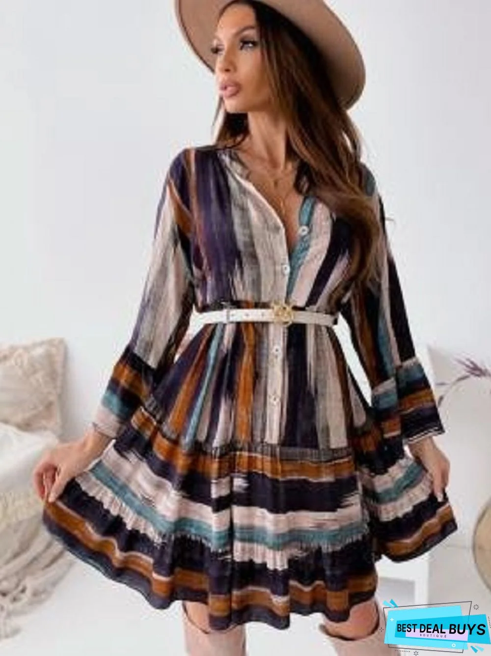 Fashion Tie Dyed V Neck Long Sleeve Dress