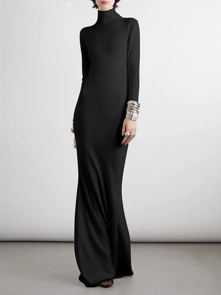 Pure Color Long Sleeves Skinny High Neck Maxi Dresses