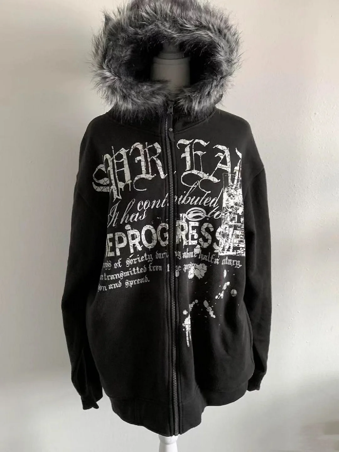 Aonga Harajuku Y2K Streetwear Jacket High Street Retro Fur Collar Zipper Hoodie Women Gothic Punk Letter Print Oversized Sweatshirt aonga