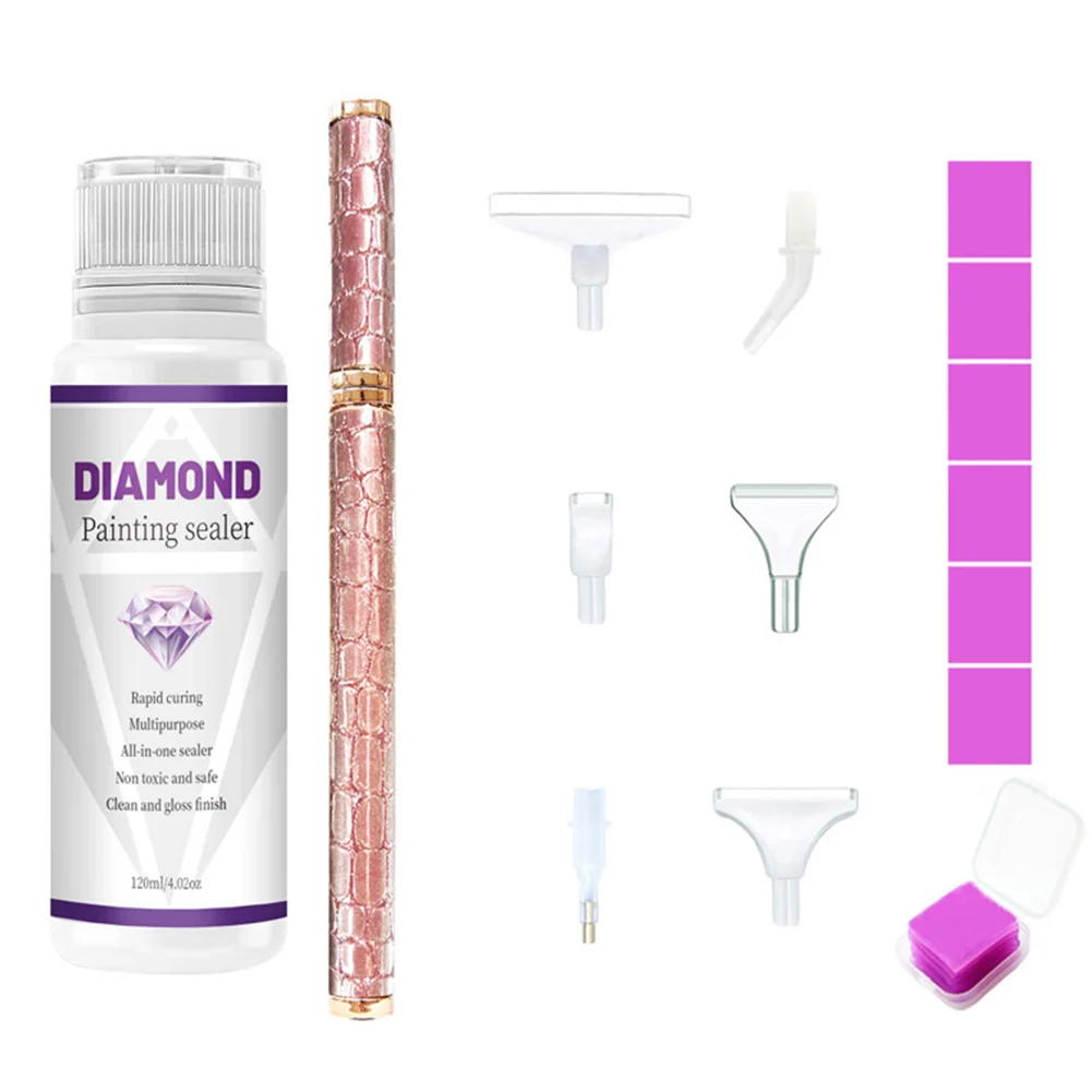 DIY Diamond Painting Glue Tool Canvas Permanent Preservation Sealing Agent 120ml - Pink dot drill pen + plastic 6 heads + 6 pieces of clay + sealant glue
