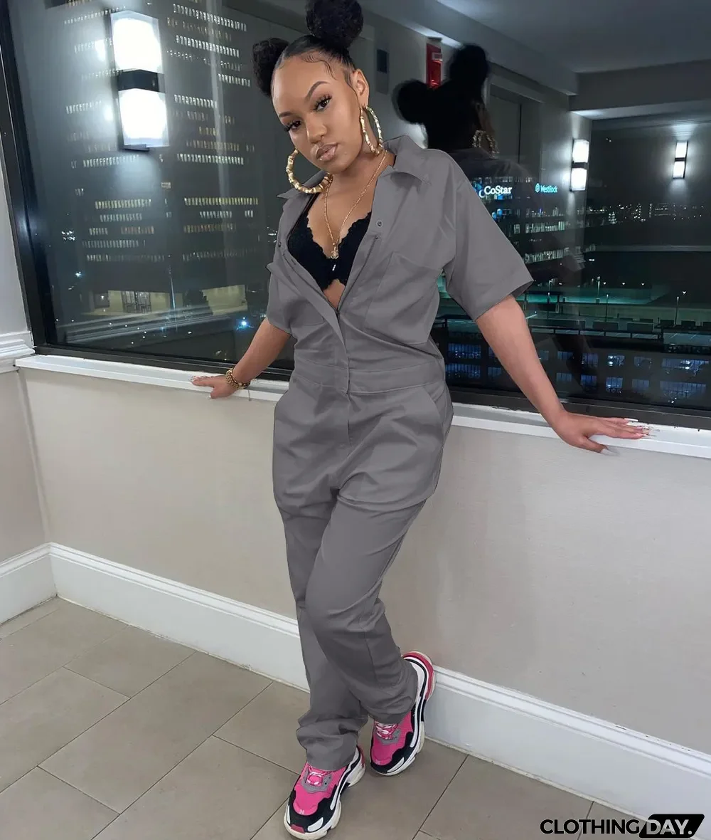 Casual Solid Short Sleeve Zipper Jumpsuit