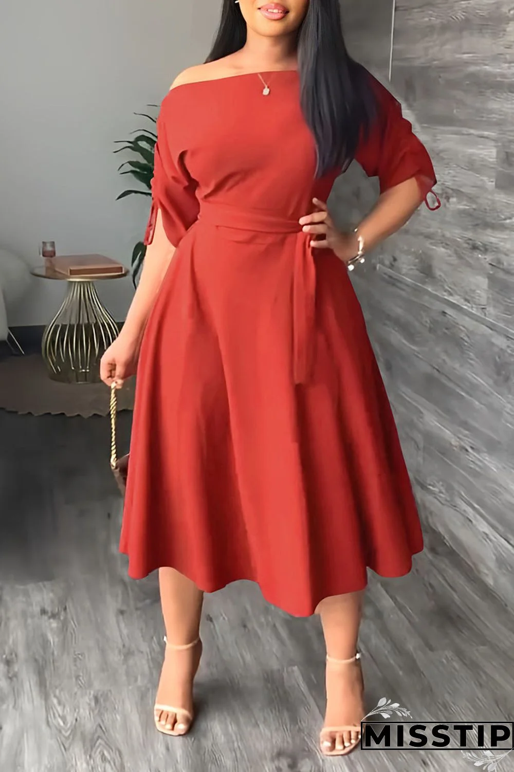Red Casual Elegant Solid Patchwork Draw String Fold Oblique Collar Dresses