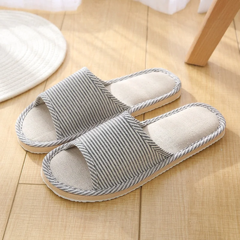 Linen Indoor Slippers Four Seasons Striped Cotton Slippers Couples Absorbing Sweat Soft Bottom Home Wood Floor Sandals