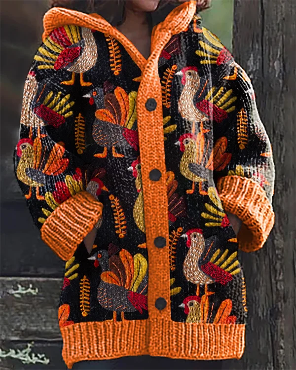 Fall Retro Thanksgiving Turkey Print Hooded Cardigan