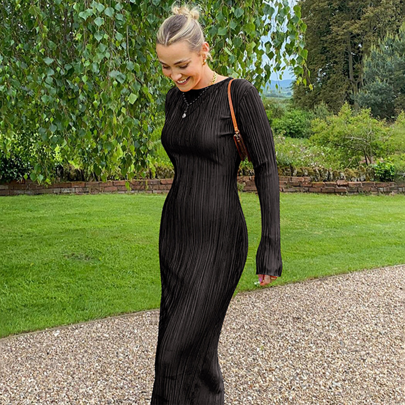 Ootddress Fashion Long Sleeve Loose Dress For Women Ribbed Casual Elegant Slim High Waist Streetwear Solid Ruffled Ladies Dress 2025
