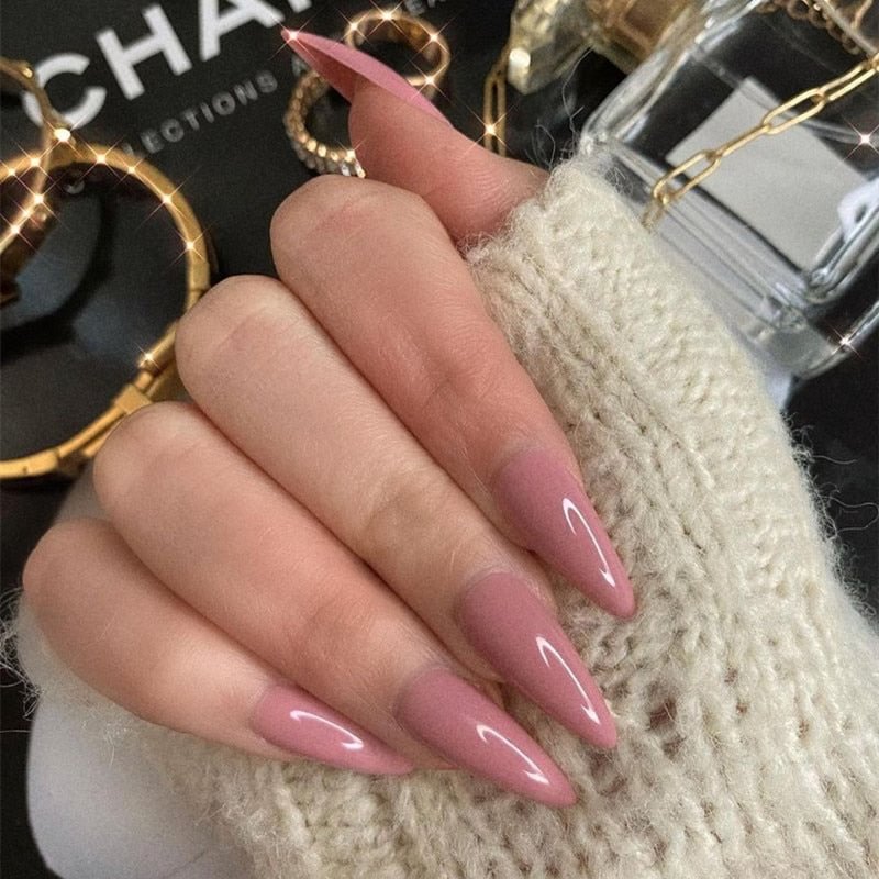 Clear Brown Faux Ongles Couleur Short Stiletto Almond Shape Fake Nails Set With Glue Sticker Glossy Impress Press On Nails False