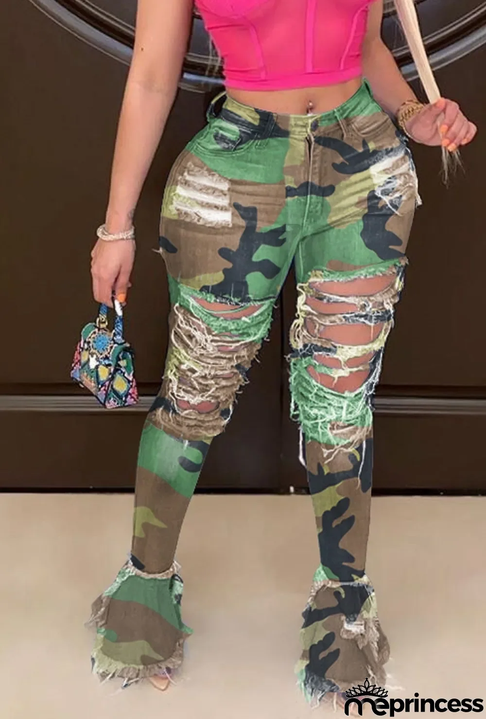 Autumn Camou Sexy Ripped Bell Bottom Jeans