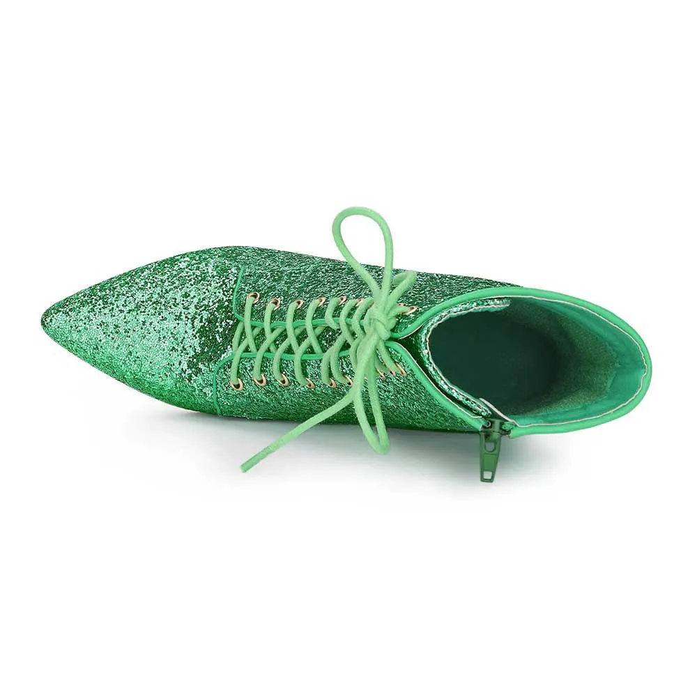 Fashion Green Glitter Pointed Toe Lace Up Zipper Heeled Booties