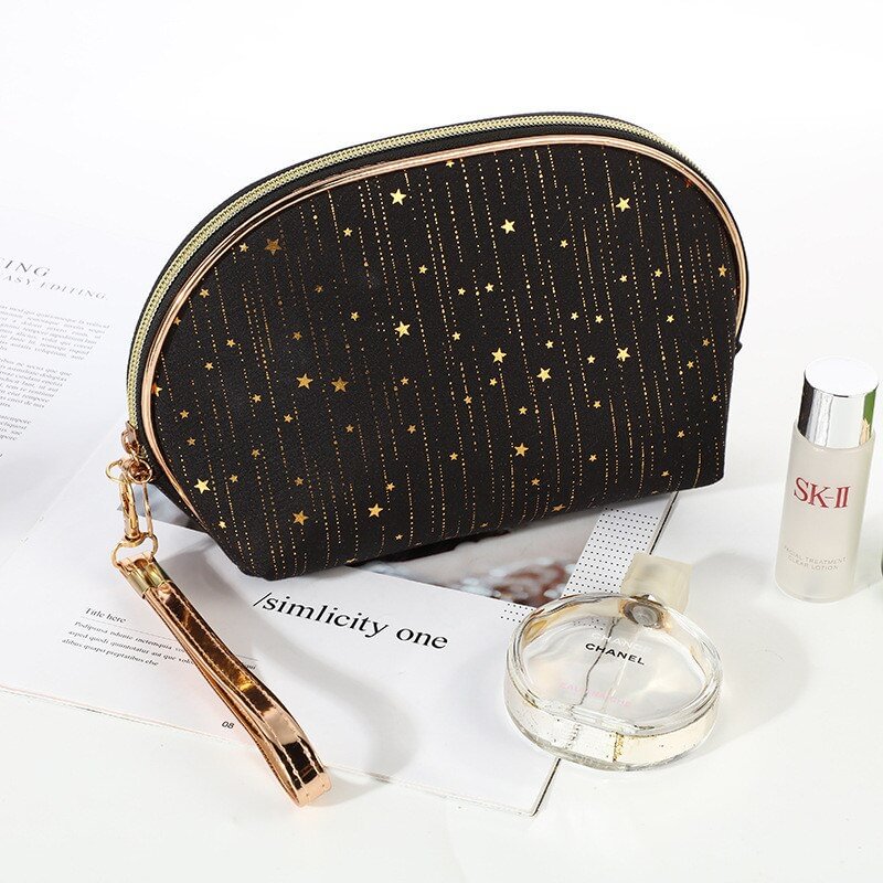 PURDORED 1 Pc  Shell Shape Makeup Bag for Women Shining Star Travel Cosmetic Bag  Large Zipper Beauty Case Travel Toiletry Bag