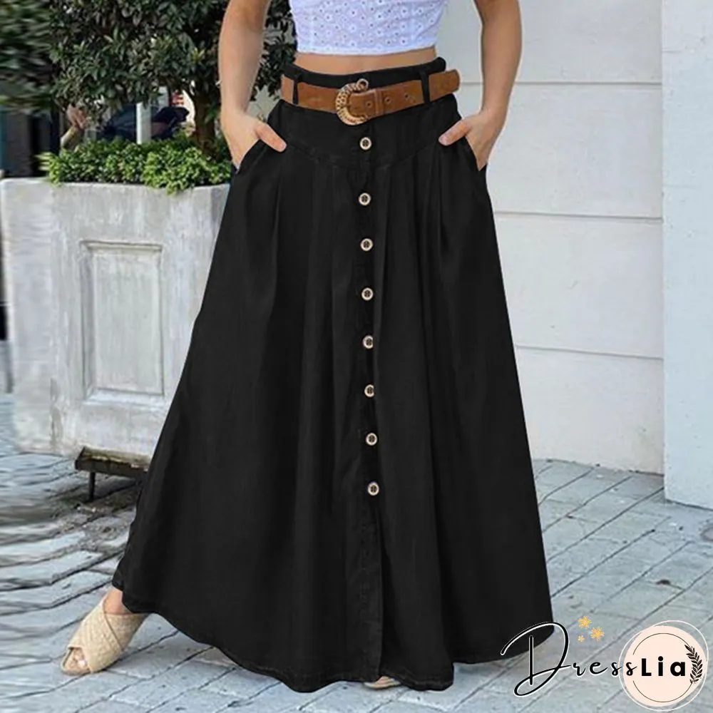 Women Fashion Solid Color Buttons Denim Long Skirts Vintage Long Dresses