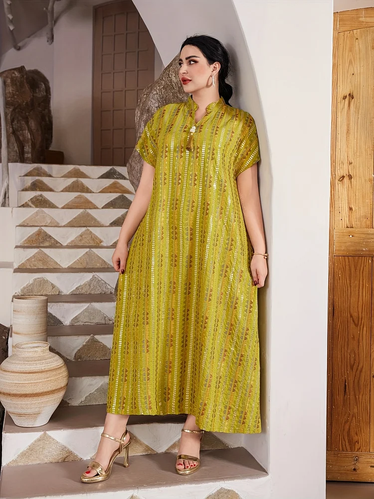 Oriented Heavy-Duty Colored Golden Thread Embroidery Arabic Women's Elegant Dress Jalabia With Tassel V-Neck, Majestic Green For Spring/Summer 2025. Ramadan Ramadan, Eid Al Adha