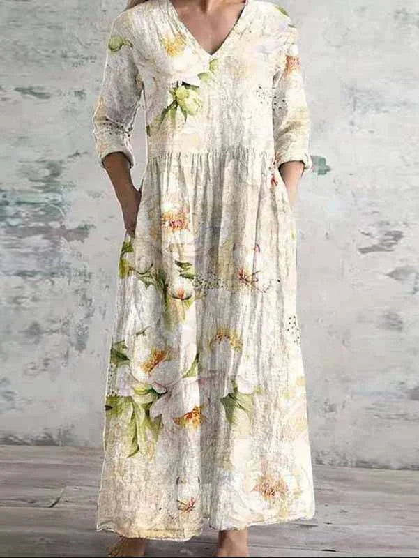 Women's 3/4 Sleeve V-neck Floral Printed Midi Dress