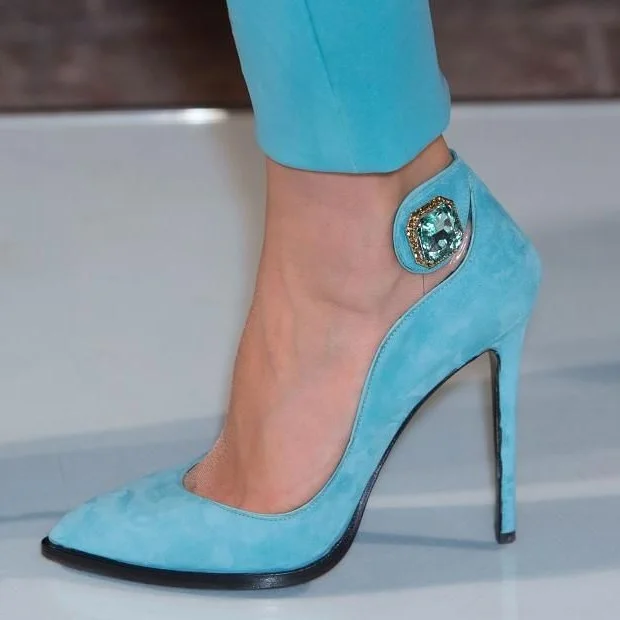 Light Blue Suede Prom Stiletto Heel Pumps with Rhinestones Vdcoo
