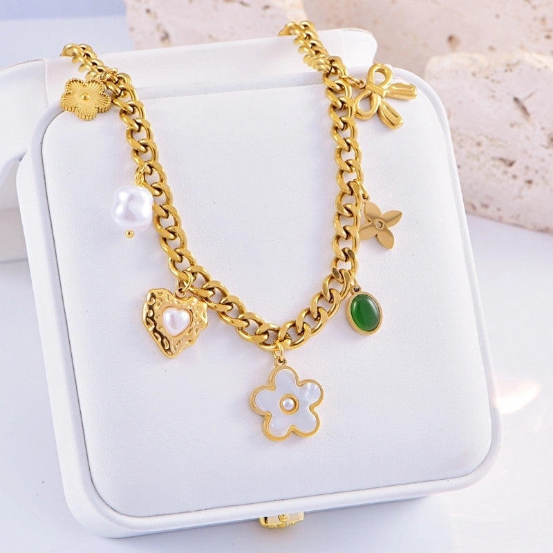 Bohemian Heart Shape Flower Titanium Steel Plating Pendant Necklace