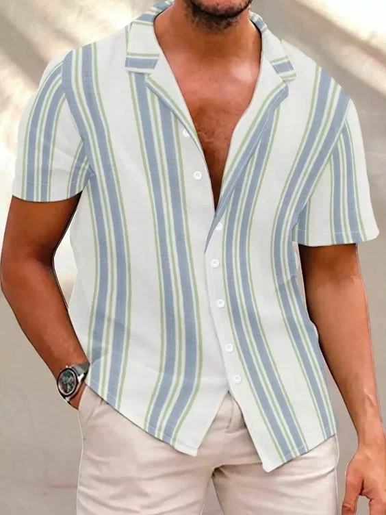 Men's Casual Vertical Striped Short Sleeve Shirt