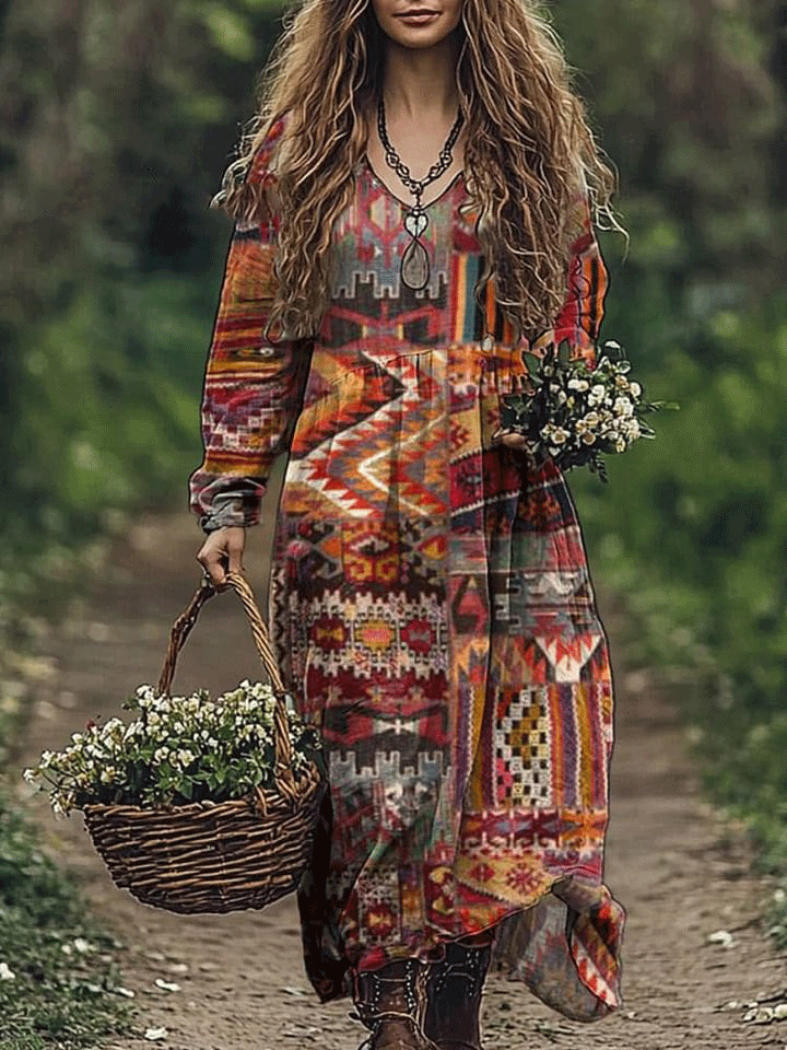 Geometric Tribal Pattern Printed Women's Pocket Cotton Dress