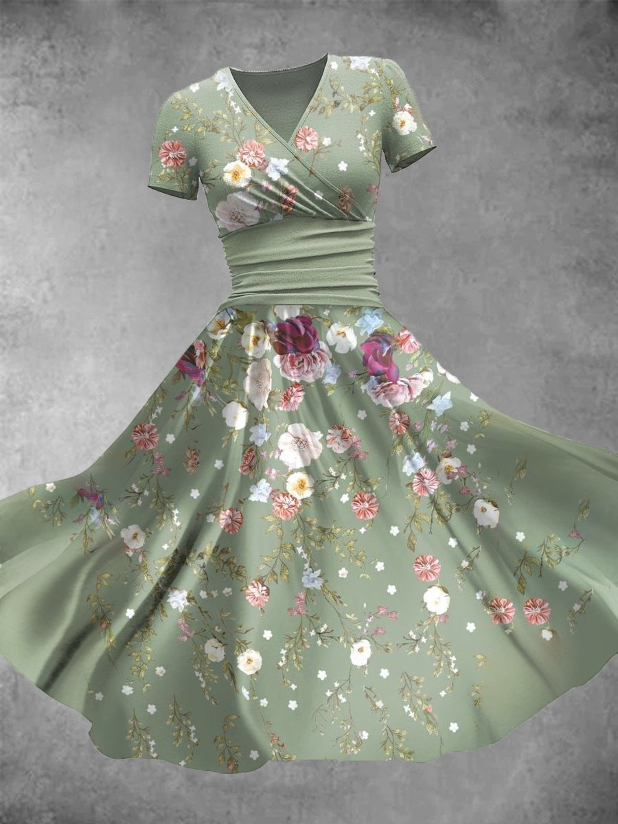 Women's Retro V-Neck Floral Art Print Short Sleeve Casual Dress