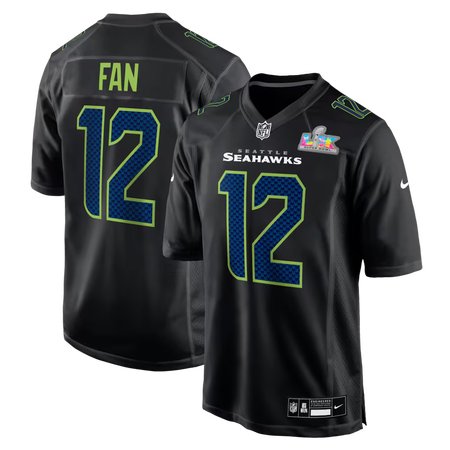 Men's Seattle Seahawks 12s  Black Super Bowl LX Patch Carbon Fashion Game Jersey