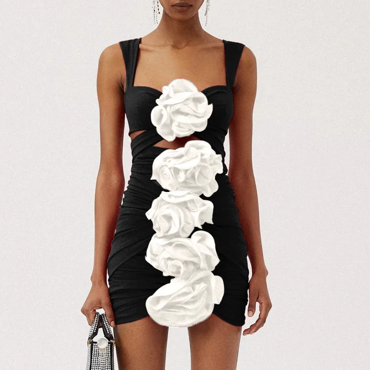 Morisly Black 3D Flower Cutout One Piece Swimsuit and Skirt
